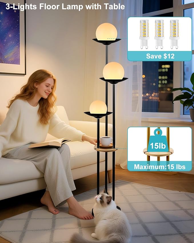Lightdot Globe Floor Lamp with Shelf 3-Lights Modern Dimmable Floor Lamps 3000K Warm White Bulbs Included Black Tall Standing Lamp with 5Lbs Heavy Base for Living Room/Bedroom/Sofa Beside/Corner Decor