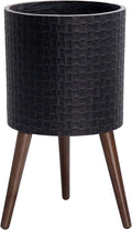 D'vine Dev 12 Inch Modern Geometric Tile Patterned Sleek Planter Pot with Stand, Indoor Outdoor Decorative Plant Holder, Distressed Black, 88-Z-C-5