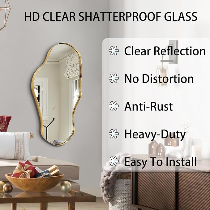 Irregular Wall Mirror, 30"x20" Asymmetrical Decorative Accent Mirror with Black Metal Frame, Organic Shape Mirrors for Entryway Bedroom Living Room, Horizontal or Vertical Hanging