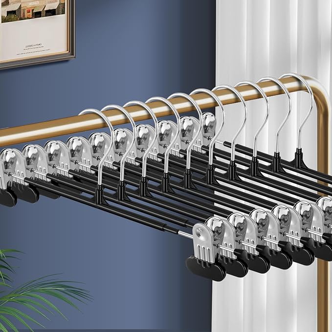 Clothes Pants Hangers with Wide Clips 10 Pack,Non-Slip Adjustable Skirt Hanger for Women,Space-Saving Heavy Duty Men Hangers for Pants,Trousers,Jeans,Shorts 12Inch Black