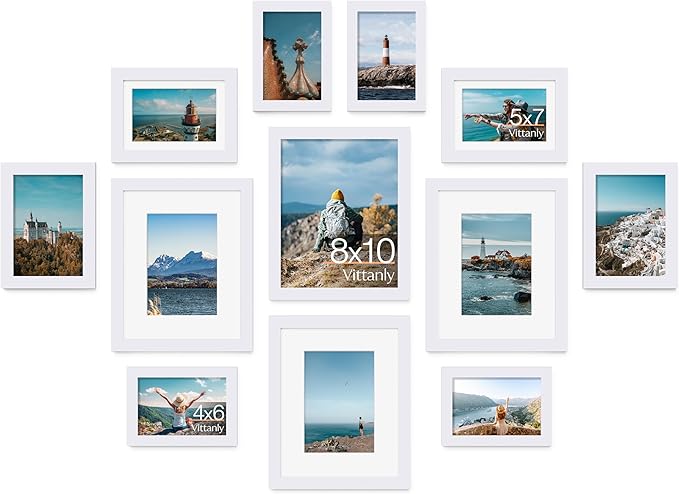 Vittanly Picture Frames Collage Wall Decor for Mounting or Tabletop Display, Gallery Wall Frame Set for Family, Multi Sizes Including 4pcs 8x10, 4pcs 5x7, 4pcs 4x6, White