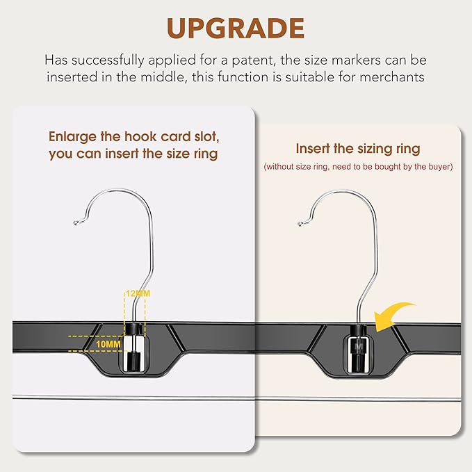 HOUSE DAY Black Pants Hangers with Clips 12 Pack, Plastic Skirt Hangers for Women, 14 Inch Clip Hanger for Pants, Skirts, Jeans, Shorts, Legging, with 360-degree Swivel Hook, 2 Adjustable Clips