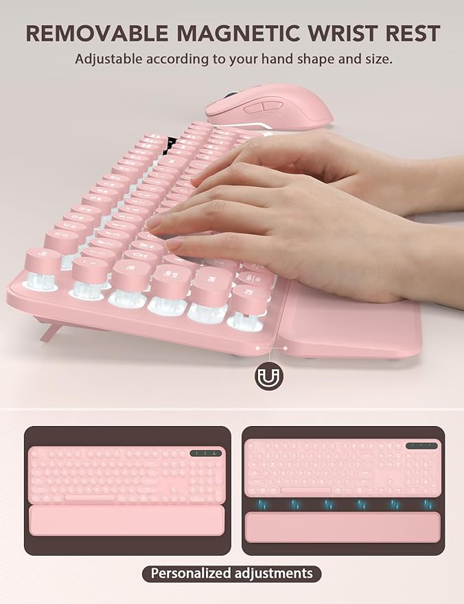 Wireless Keyboard and Mouse Backlit - Typewriter Keyboard with Retro Round Keycaps, Detachable Wrist Rest, Light Up Letters, 2.4G Rechargeable Combo for Mac, Windows, PC, Laptop, Trueque (Pink)