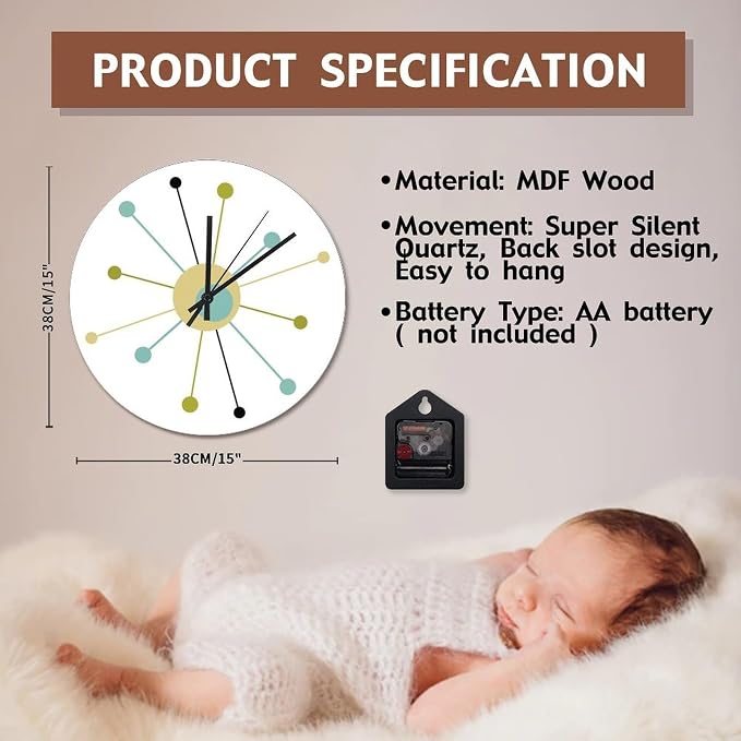 ArogGeld Mid Century Wall Clock Atomic Age Wall Clocks Battery Operated 15 Inch Silent Non-Ticking Farmhouse Wall Decor for Bedroom Living Room