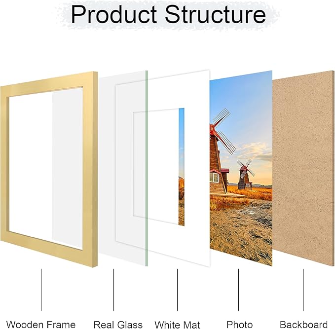 8x10 Picture Frame Set of 4, 8 x 10 Wood Photo Frames with Mat for 5x7, Wooden Frame with Real Glass Cover for Wall and Tabletop Display,Gold