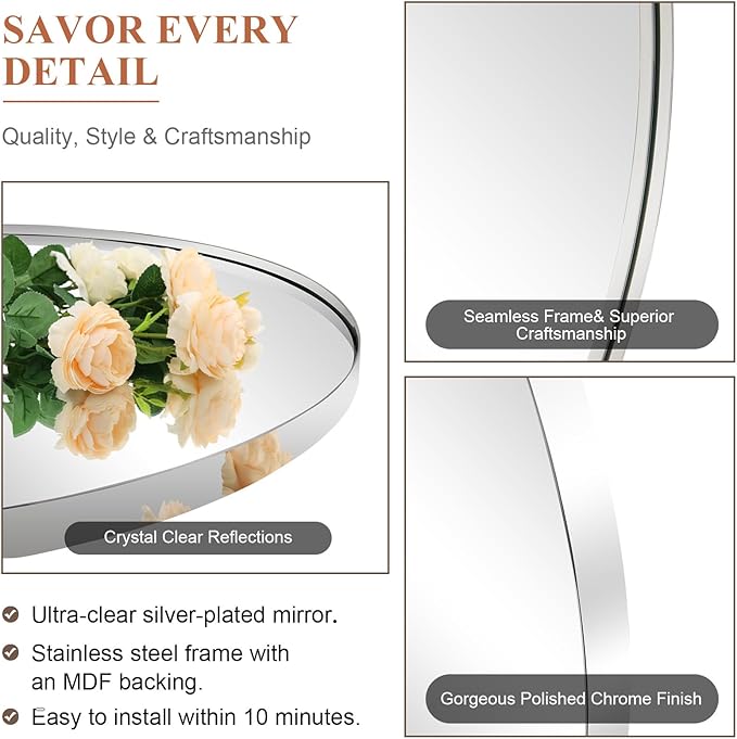 ANDY STAR Arched Mirror, 30 x 36 Inch Polished Chrome Wall Mirror in Stainless Steel Metal Frame, Arch Top Rounded Corner 1 Inch Deep Set Design Wall Mount Hangs Vertical