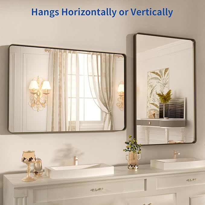 WEER 36x30 Inch Bronze Bathroom Mirror for Vanity, Brushed Bronze Metal Frame Mirror for Wall, Rounded Rectangle Bronze Frame Mirror with Tempered Glass, Anti-Rust (Horizontal/Vertical)