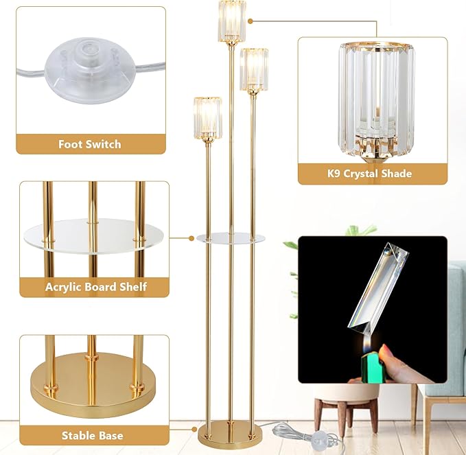 HMVPL Gold Floor Lamps for Living Room, Modern Floor Lamp with Shelves, Crystal Standing Lamps with Table, Brass Tall Lamp with Crystal Shade, On/Off Switch, Mid Century Corner Floor Lamp for Bedroom