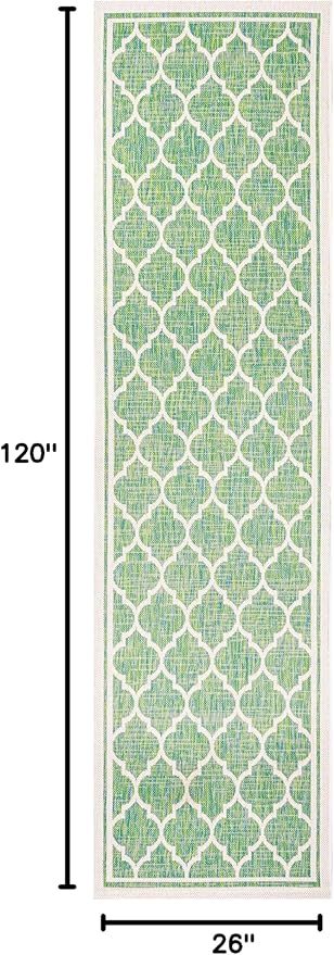Eyely BMS109I-210 Santa Monica Trebol Moroccan Trellis Textured Weave Indoor/Outdoor Runner Rug Coastal;Bohemian, Bedroom, Backyard, Patio, Easy-Cleaning, Non-Shedding, 2 X 10, Cream/Green