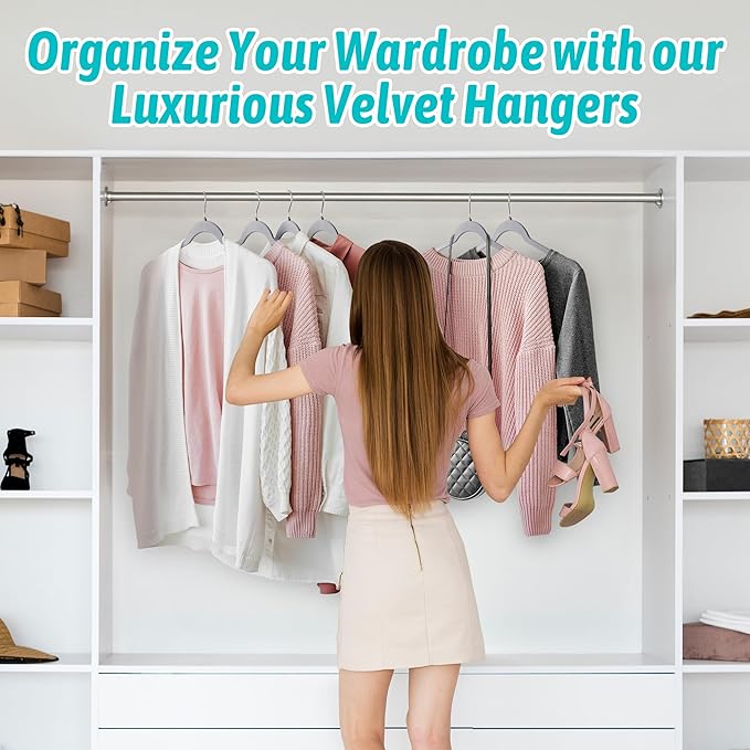 Premium Velvet Shirt Hangers 30 Pack, Space-Saving Non-Slip Felt Hanger with 360° Swivel Hook, Slim Flocked Hangers for Strappy Dresses, Blouses, Tank Tops(Grey)