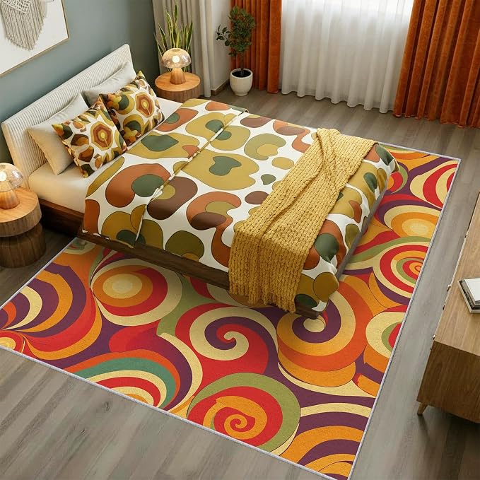 70s Retro Rug Large 7x10 Swirl Psychedelic Groovy Hippie Pop Pattern Area Rugs for Living Room, Bedroom, 70s Retro Home Decor Accessories Indoor Carpet, Non Slip & Machine Washable, GD0321