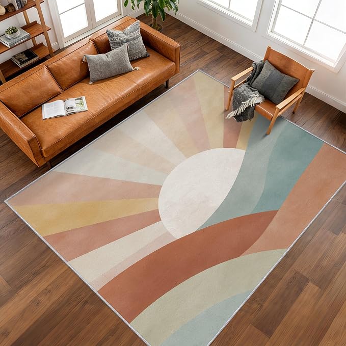 5x6 Boho Sun Rugs for Bedroom Decor, Washable Retro Sunrise Pattern Area Rug, Living Room Home Decoration, Non Slip Soft Thin, Mid Century Modern Decor Carpet PF-P 117