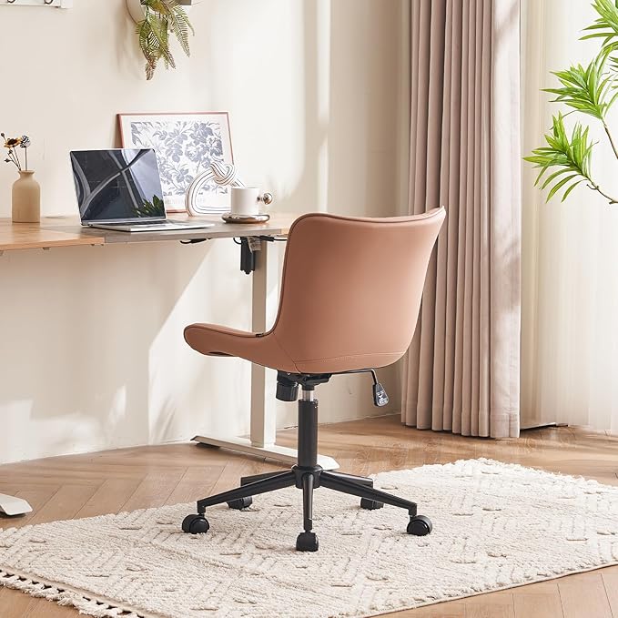 YOUTASTE Pink Modern Office Chair, Faux Leather Armless Desk Chair with Wheels, Height Adjustable, Swivel, Rocking, 300 lbs Capacity, Metal Base, for Home Office Vanity