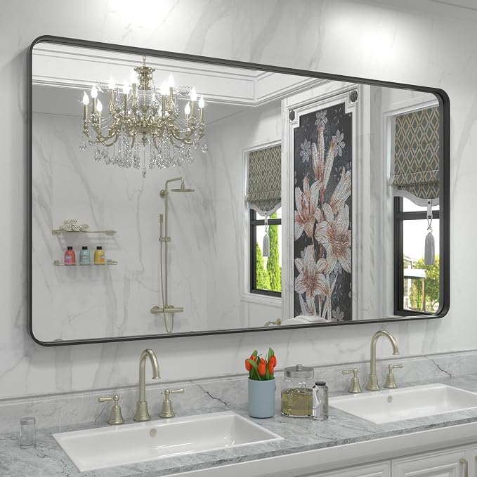60x36 Matte Black Bathroom Mirror, Modern Rectangle Metal Framed Mirrors for Wall, Rounded Corners, Shatter-Proof (Horizontal/Vertical)