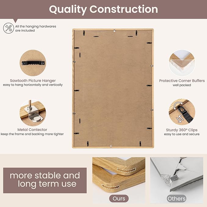 27x40 inch Poster Frame - Solid Oak Wood 27 x 40 Frame, Movie Poster Frame 27x40 With Mat For 24x36, Tempered Glass and Hanging Hardware Included, 27''x40'' Picture Frame Wood, Natural Oak