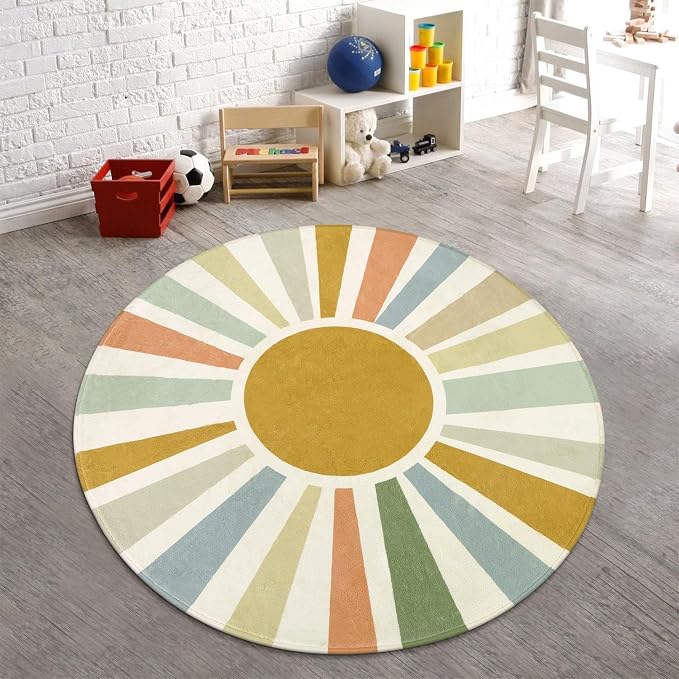 STARUIA Boho Washable Rug 5 Ft Round Area Rug for Bedroom, Rainbow Circle Kids Rug for Office, Non-Slip Circluar Carpet Soft Sunshine for Dorm Nursery Sofa Living Room Corner