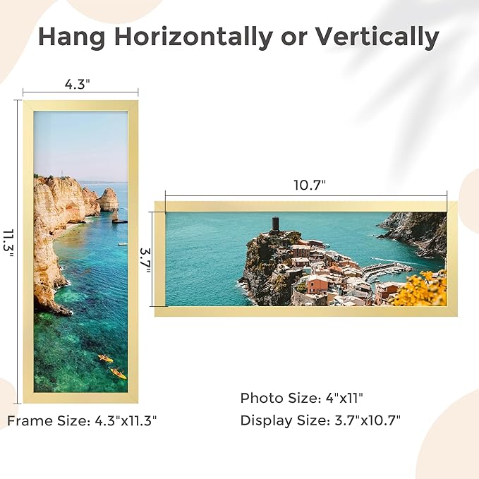 4x11 Metal Frame - Gold Aluminum Photo Frames-Real Real Glass,Tabletop Display,Mounting Horizontally or Vertically Decor for Wall Gallery Poster 11x4 Photo Frames, Gold