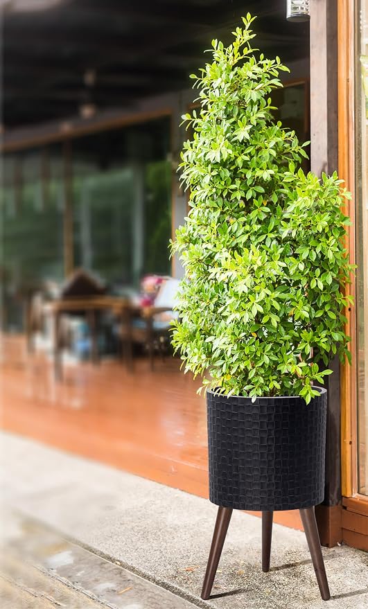 D'vine Dev 12 Inch Modern Geometric Tile Patterned Sleek Planter Pot with Stand, Indoor Outdoor Decorative Plant Holder, Distressed Black, 88-Z-C-5