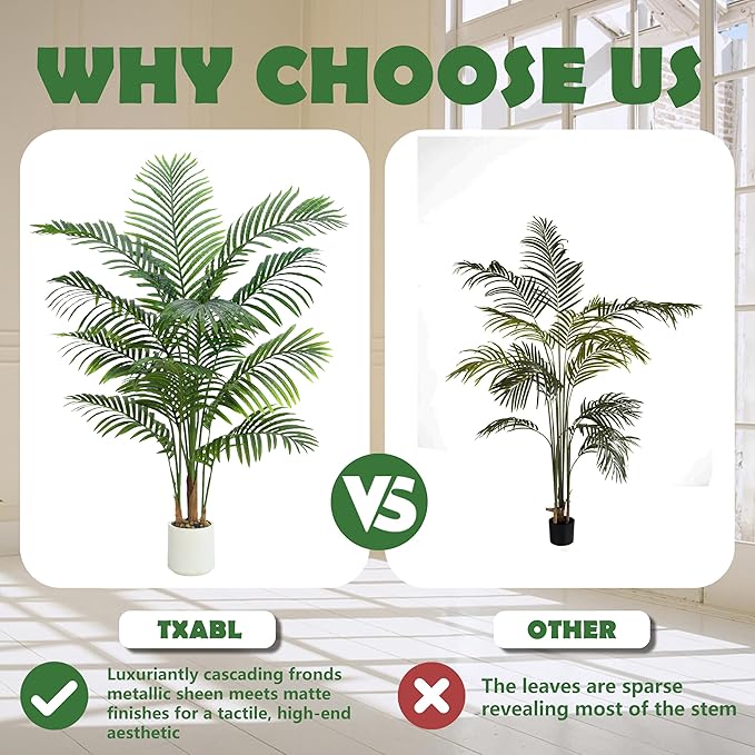 Artificial Palm Tree Plant 6FT Tall Fake Tropical Palm Tree in Pot, Real Bark Design Faux Areca Palm Tree for Home Office Living Room Bedroom Farmhouse Modern Indoor Outdoor Topiary Tree (18 Trunks)