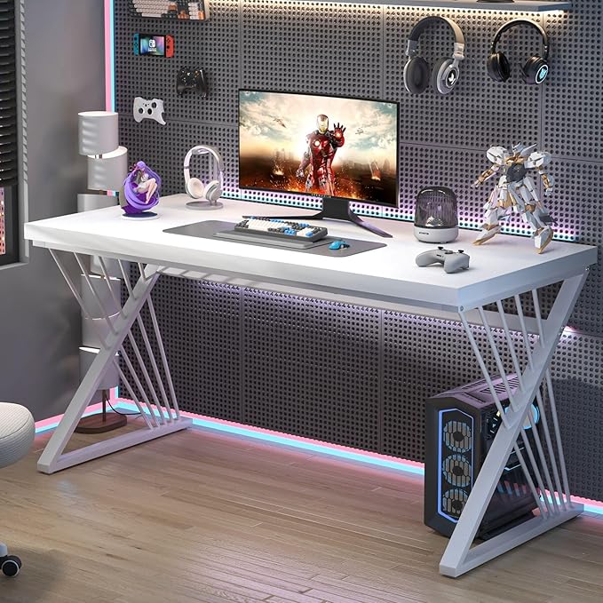 FOLUBAN Modern White Desk, Rustic Wood and Metal Computer Desk for Home Office, Simple Writing Work PC Desks for Bedroom, Industrial Study Gaming Table for Living Room, White, 53 Inch