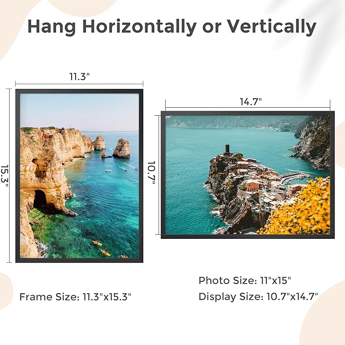 11x15 Metal Picture Frame - Black Aluminum Picture Frames with Real Glass, Wall Mounting Horizontally or Vertically, Simple and Elegant Decor for Wall Gallery Poster Photo 15x11 Frame, Black
