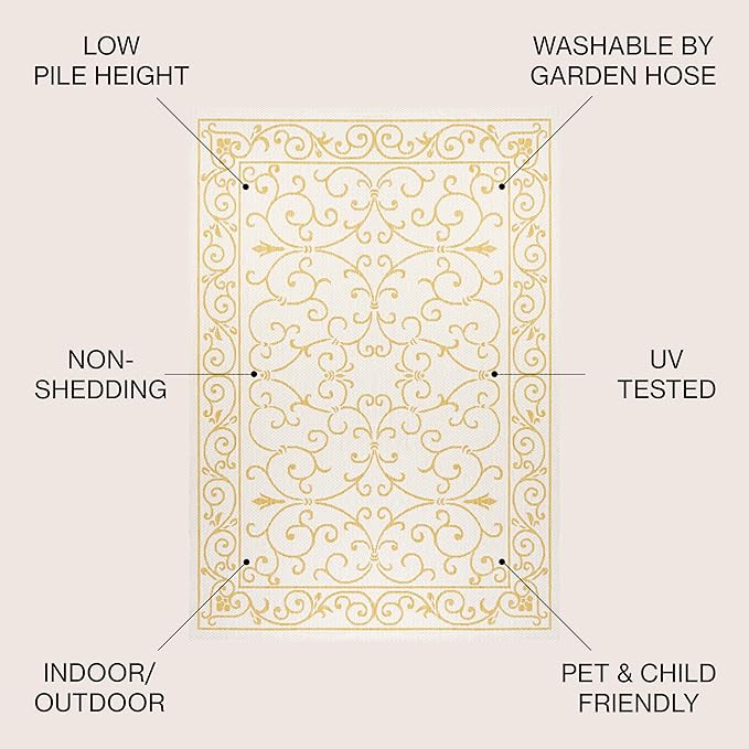 JONATHAN Y Vintage Filigree Indoor Outdoor Area Rug 5X8 Cream/Yellow, Charleston Textured Weave for Backyard, Patio, Porch, Easy-Cleaning, High Traffic, Pet-Friendly, Non-Shedding (SMB106M-5)