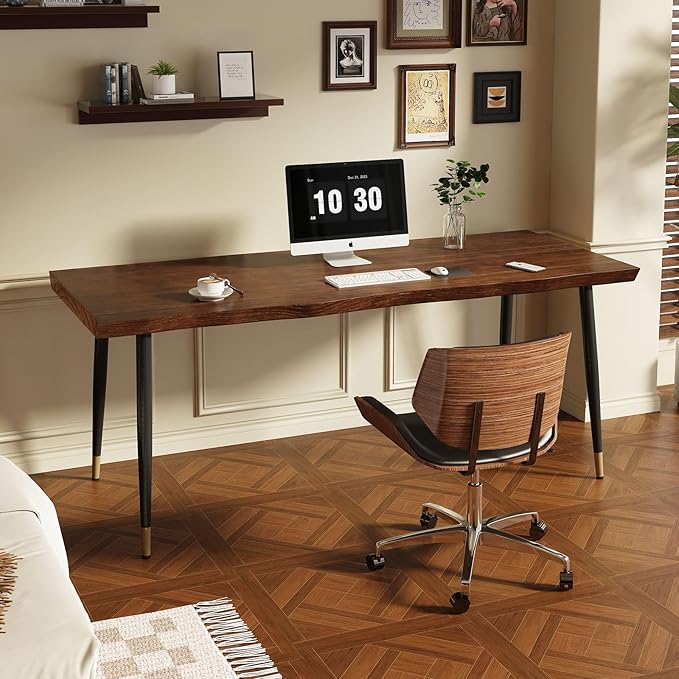 Solid Wood Desk 55 inches, Home Office Computer Desk Wooden Rustic Writing Desk Metal Modern Simple Design Executive Real Wood Desk(Walnut)