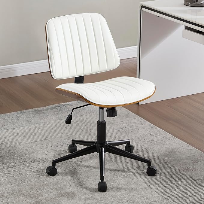 Small Home Office Chair - Armless Mid Back Desk Chair with 360° Swivel and Wheels, PU Upholstered Height Adjustable Modern Walnut Computer Chair for Home, Office Meeting Room - White