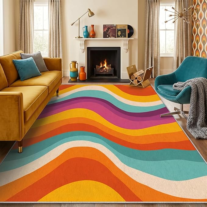 Retro 70s Area Rug 2x3, Mid Century Modern Abstract Wavy Carpet, Colorful Rainbow Swirl Rug for Living Room Bedroom Office, Non-Slip Washable Indoor Floor Mat