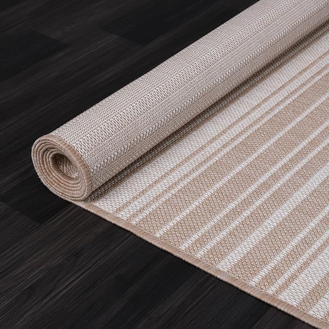 Stripe Outdoor Rug 5x7 Washable Outside Carpet for Indoor Patio Porch Waterproof Easy Cleaning Non Shedding Area Rugs Beige 5 x 7