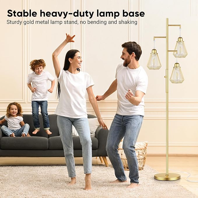 QiMH Industrial Floor Lamps for Living Room, Tree Standing Lamp with Stepless Dimmable, 68" Modern Tall Lamps for Bedroom Study Home Office, Rotary Switch, 3 LED Bulb Included, Gold