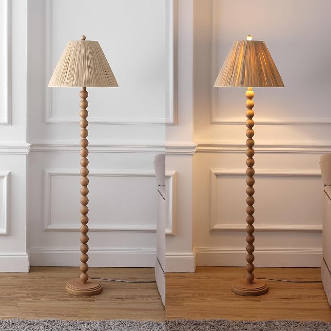 JONATHAN Y 61.5" Brown Wood Finish Bobbin LED Floor Lamp, Modern Rustic Spindle Standing Lamp with Light Brown Pleated Paper Shade, Farmhouse Decor, LED Bulb Included JYL5400A