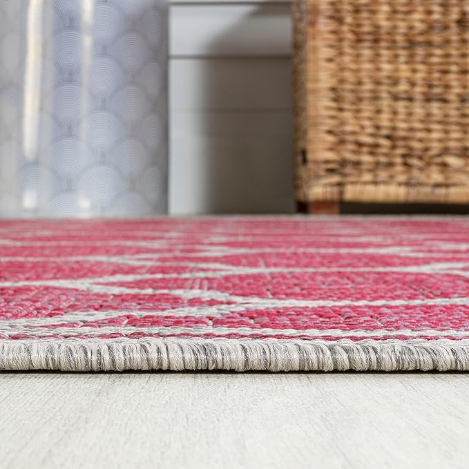 Eyely BMS109H-5SQ Santa Monica Trebol Moroccan Trellis Textured Weave Indoor/Outdoor Area Rug Coastal;Bohemian, Bedroom, Backyard, Patio, Easy-Cleaning, Non-Shedding, 5' Square, Fuchsia/Light Gray