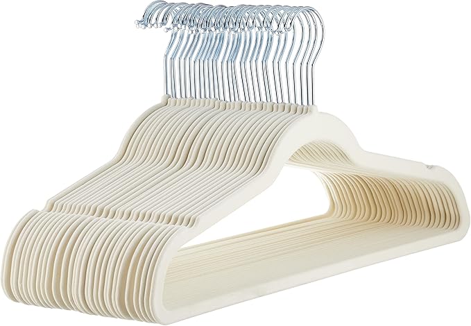 Amazon Basics Slim, Velvet, Non-Slip Suit Clothes Hangers, Ivory/Beige- Pack of 30