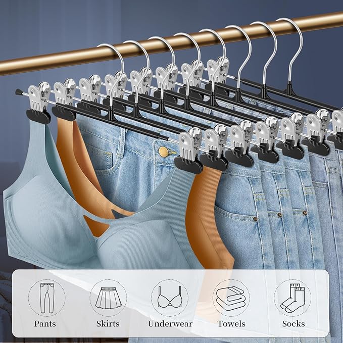 Clothes Pants Hangers with Wide Clips 10 Pack,Non-Slip Adjustable Skirt Hanger for Women,Space-Saving Heavy Duty Men Hangers for Pants,Trousers,Jeans,Shorts 12Inch Black