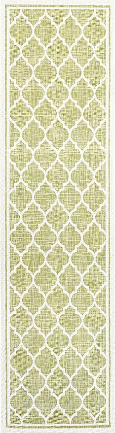 Eyely BMS109G-28 Santa Monica Trebol Moroccan Trellis Textured Weave Indoor/Outdoor Runner Rug Coastal;Bohemian, Bedroom, Backyard, Patio, Easy-Cleaning, Non-Shedding, 2 X 8, Green/Cream
