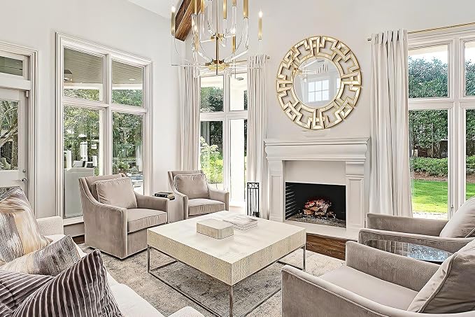 Chende Large Round Mirror, 40'' Modern Living Room Mirrorr with Beveled Glass Edge, Gold Decorative Wall Mirror with Wooden Frame for Dining Room, Entryway, Mantel, Bathroom