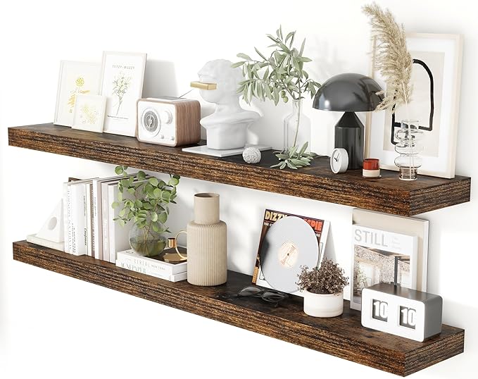 Heimlove 55 Inch Floating Shelves for Wall 8 Inch Deep Rustic Brown Shelves Set of 2,Wall Mounted Rustic Wood Long Floating Shelf，Large Extra Display & Storage Shelf with Invisible Brackets