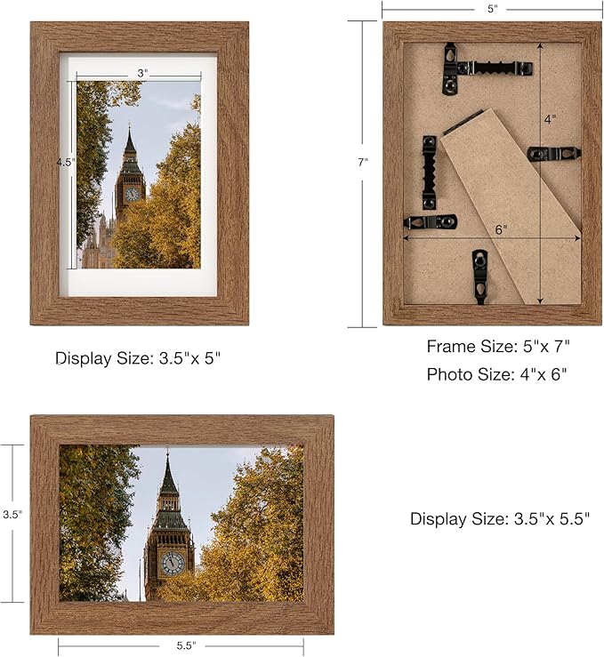 Axeman Solid Oak Wood 4x6 Picture Frame With Mat for 3.5x5 - Hanging Hardware Included, Walnut, 3 PCs