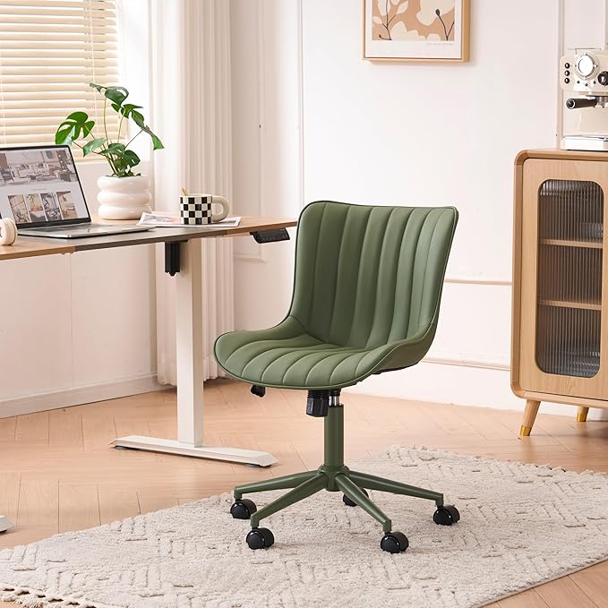 YOUNIKE Green Home Office Desk Chair with Wheels Armless Compact Comfy Vanity Chair with Adjustable Back Modern Small Leather Upholstered Rolling Swivel Cute Computer Task Sewing Chair No Arms