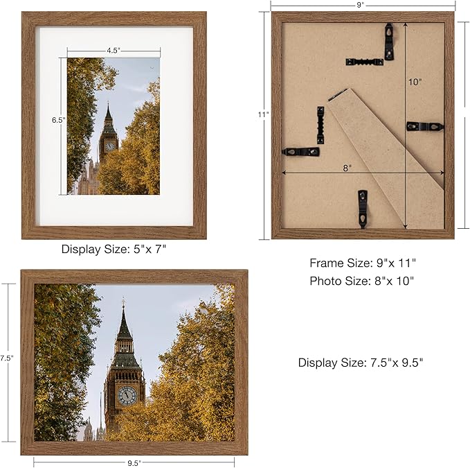 Axeman 8x10 Picture Frame - Solid Oak Wood With Mat For 5x7 - Plexiglass and Hanging Hardware Included - Wall and Tabletop Display - Walnut