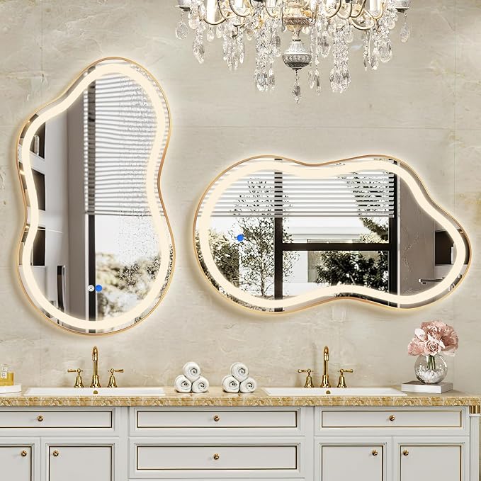 Irregular LED Bathroom Mirror with Lights, Cloud Smart Backlit Mirror, Dimmable Lighted Bathroom Gold Mirror with Anti-Fog, Asymmetrical Vanity Mirror Hangable 2 Ways (Gold, 24 x 36, 1 Pack)