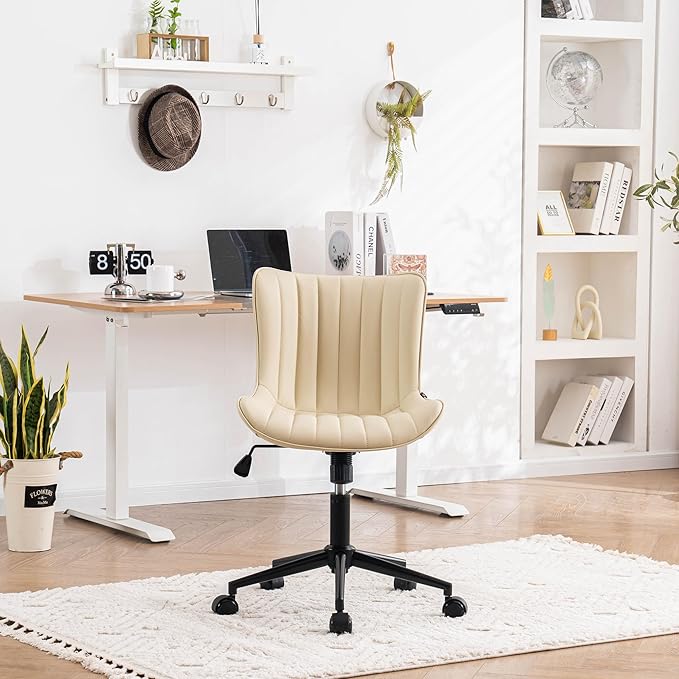 YOUNIKE Beige Home Office Desk Chair with Wheels Swivel Comfy Armless Vanity Chair with Back Modern Leather Upholstered Rolling Task Chair Small Cute Drafting Sewing Chair No Arms Adjustable