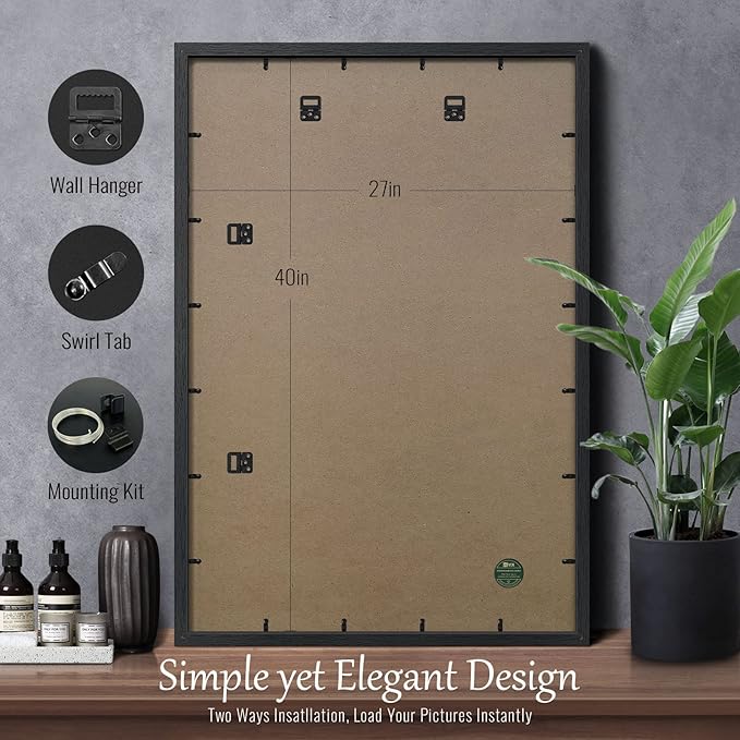 VCK 27x40 Solid Wood Poster Frames, Black Exclusive Woodgrain Picture Frame, Wall Mounting Hanging