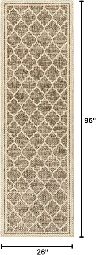 Eyely BMS109A-28 Santa Monica Trebol Moroccan Trellis Textured Weave Indoor/Outdoor Runner Rug Coastal;Bohemian, Bedroom, Backyard, Patio, Easy-Cleaning, Non-Shedding, 2 X 8, Brown/Beige