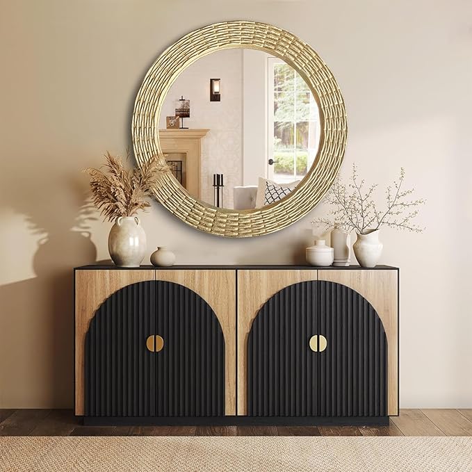 WAMIRRO Gold Round Wood Mirror, 36 Inch Hand Carved Solid Wood Frame Circle Mirror for Wall Mount, Farmhouse Boho Decor for Living Room, Bathroom, Bedroom, Hallway & Entryway