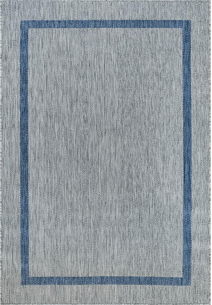Bordered Outdoor Rug 6x9 Washable Outside Carpet for Indoor Patio Porch Waterproof Easy Cleaning Non Shedding Area Rugs Silver Gray - Blue 6 x 9