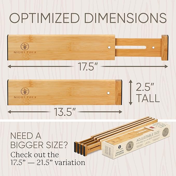 Night Tree Expandable Bamboo Drawer Dividers – Spring-Loaded Wooden Organizers
