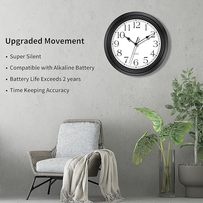 Foxtop Silent Non-Ticking Round Classic Clock Retro Quartz Decorative Battery Operated Wall Clock for Living Room Kitchen Home Office (12 Inch, Black)