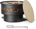 26 inch Fire Pit with Grill & Lid, Firepits for Outside Wood Burning Fire Pit Table with Fire Poker, Multifunctional Outdoor Fire pits for BBQ, Table, Bonfire, Camping, Backyard, Patio, Picnic